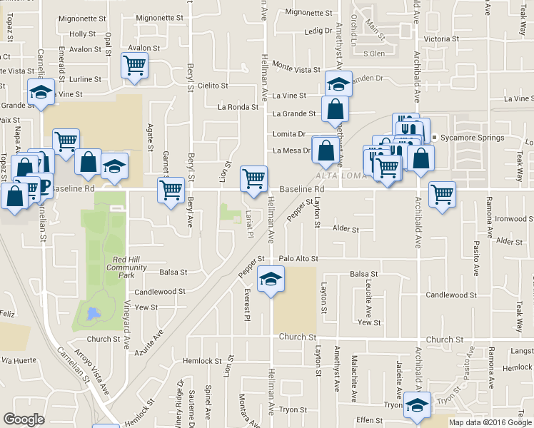 map of restaurants, bars, coffee shops, grocery stores, and more near 9267 Spur Drive in Rancho Cucamonga