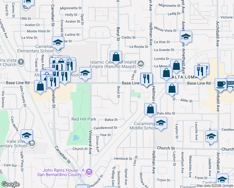 map of restaurants, bars, coffee shops, grocery stores, and more near 9072 Culpepper Street in Rancho Cucamonga