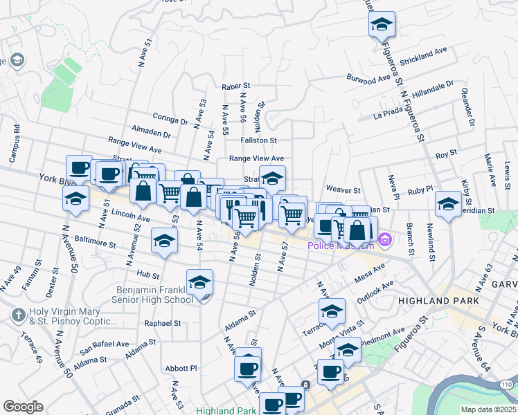 map of restaurants, bars, coffee shops, grocery stores, and more near 5624 Meridian Street in Los Angeles