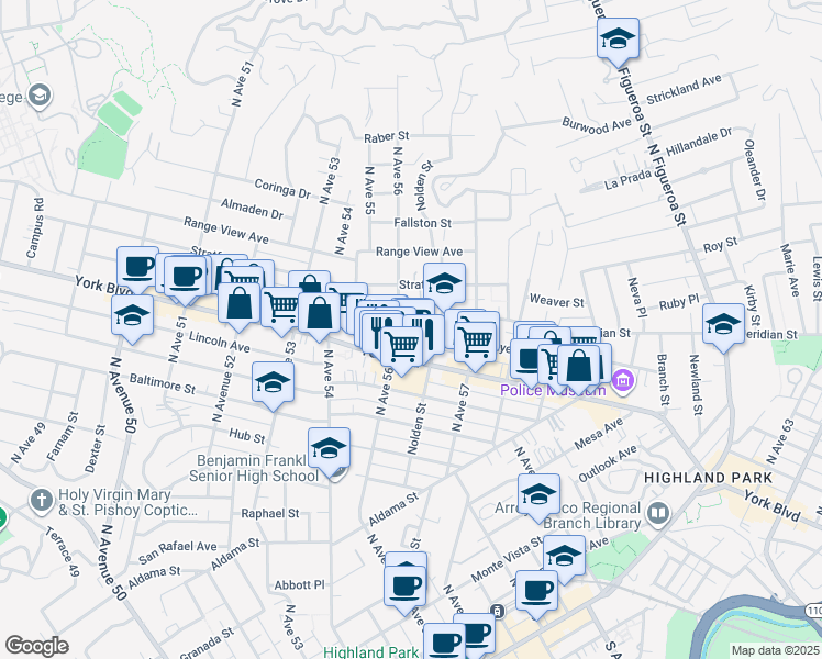 map of restaurants, bars, coffee shops, grocery stores, and more near 5624 Meridian Street in Los Angeles