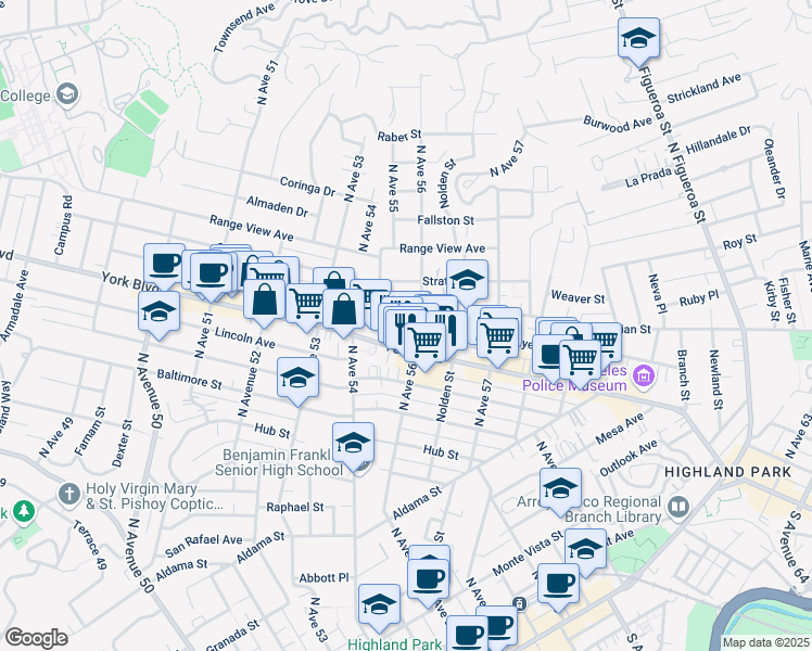 map of restaurants, bars, coffee shops, grocery stores, and more near 5532 Meridian Street in Los Angeles