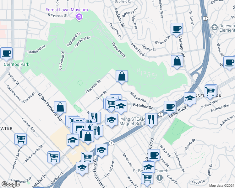 map of restaurants, bars, coffee shops, grocery stores, and more near 3367 Andrita Street in Los Angeles