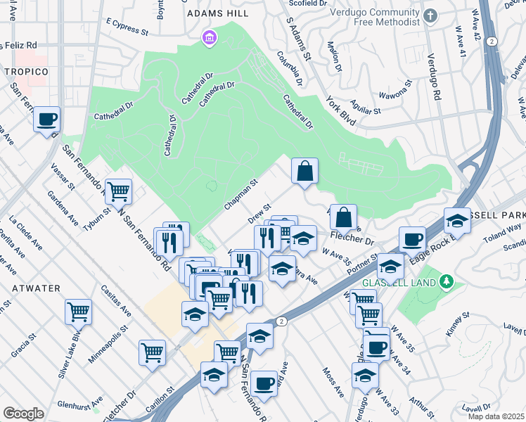 map of restaurants, bars, coffee shops, grocery stores, and more near 3336 Drew Street in Los Angeles