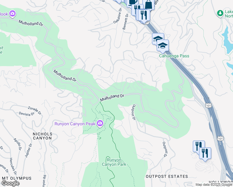 map of restaurants, bars, coffee shops, grocery stores, and more near 7291 Pacific View Drive in Los Angeles