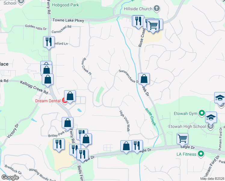 map of restaurants, bars, coffee shops, grocery stores, and more near 2131 Summerchase Drive in Woodstock