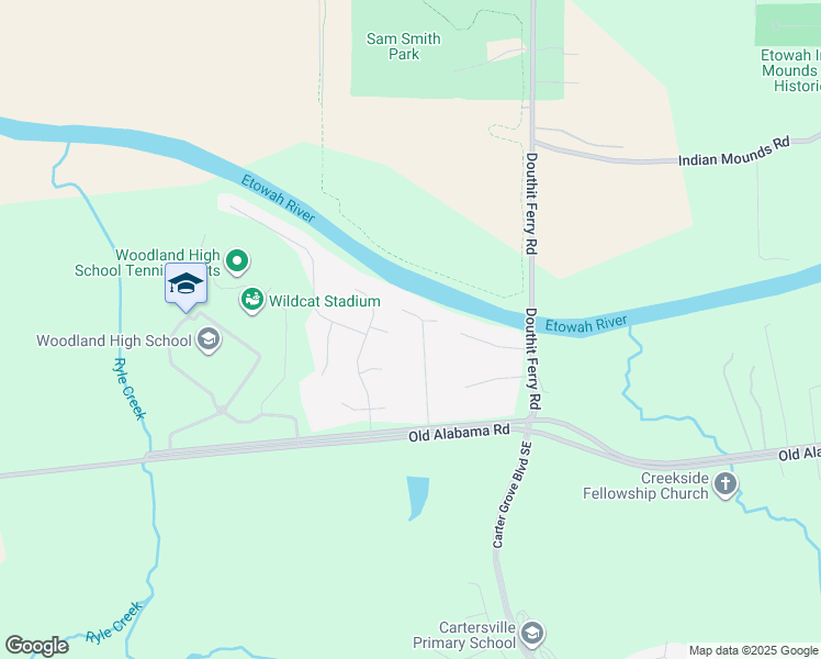 map of restaurants, bars, coffee shops, grocery stores, and more near 31 Riverview Court Southeast in Cartersville