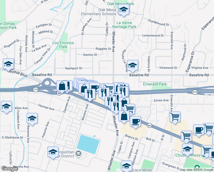 map of restaurants, bars, coffee shops, grocery stores, and more near 1346 Beaver Way in La Verne