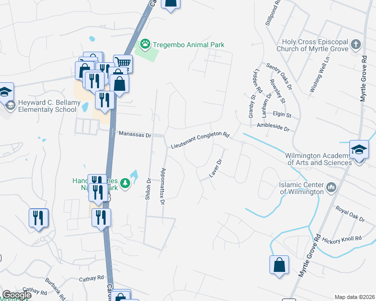 map of restaurants, bars, coffee shops, grocery stores, and more near 6001 Tarin Road in Wilmington