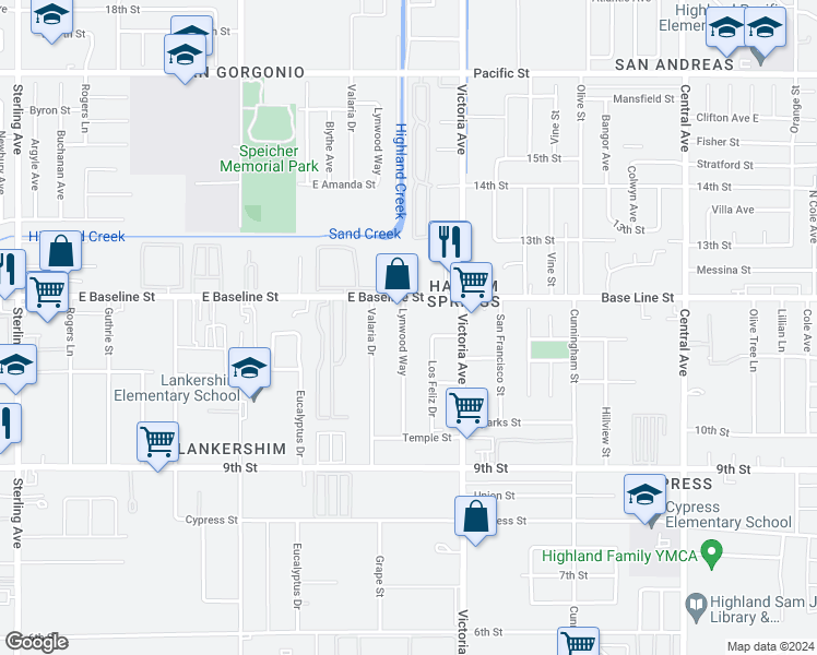map of restaurants, bars, coffee shops, grocery stores, and more near 7355 Lynwood Way in Highland