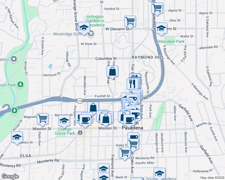 map of restaurants, bars, coffee shops, grocery stores, and more near 514 Fremont Avenue in South Pasadena