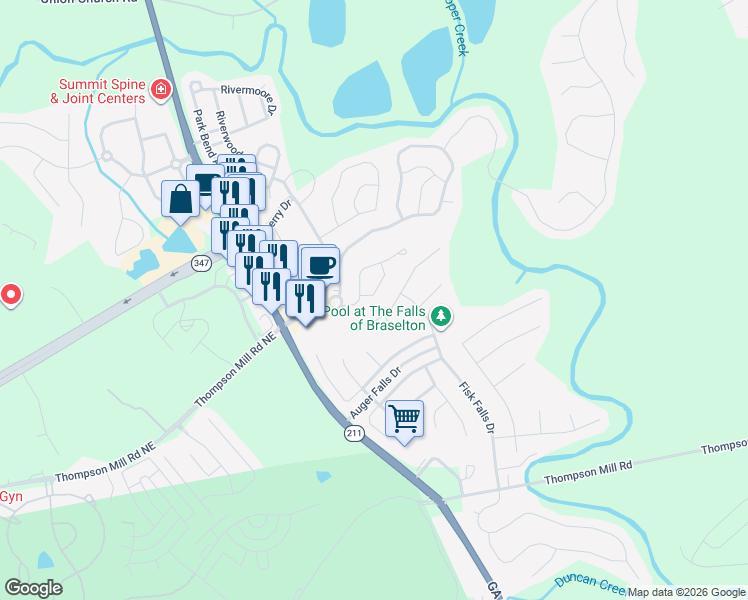 map of restaurants, bars, coffee shops, grocery stores, and more near 6471 Whitebeam Trail in Braselton
