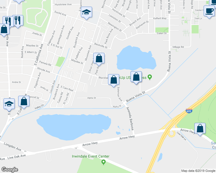 map of restaurants, bars, coffee shops, grocery stores, and more near 2445 Alice Rodriguez Circle in Irwindale