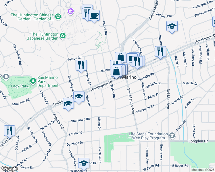 map of restaurants, bars, coffee shops, grocery stores, and more near 2060 Huntington Drive in San Marino