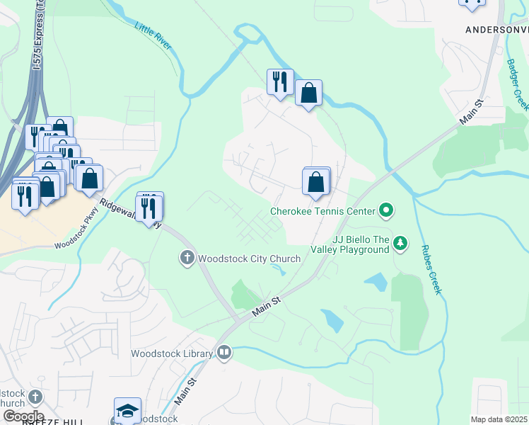 map of restaurants, bars, coffee shops, grocery stores, and more near 308 Bell Park Drive in Woodstock