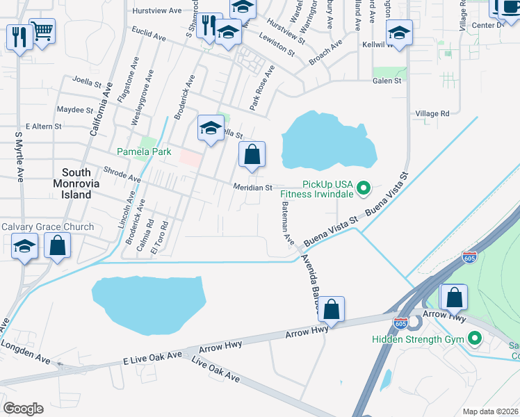 map of restaurants, bars, coffee shops, grocery stores, and more near 2445 Alice Rodriguez Circle in Irwindale