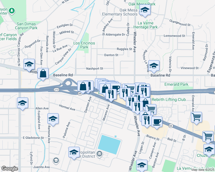 map of restaurants, bars, coffee shops, grocery stores, and more near 1166 Beaver Way in La Verne