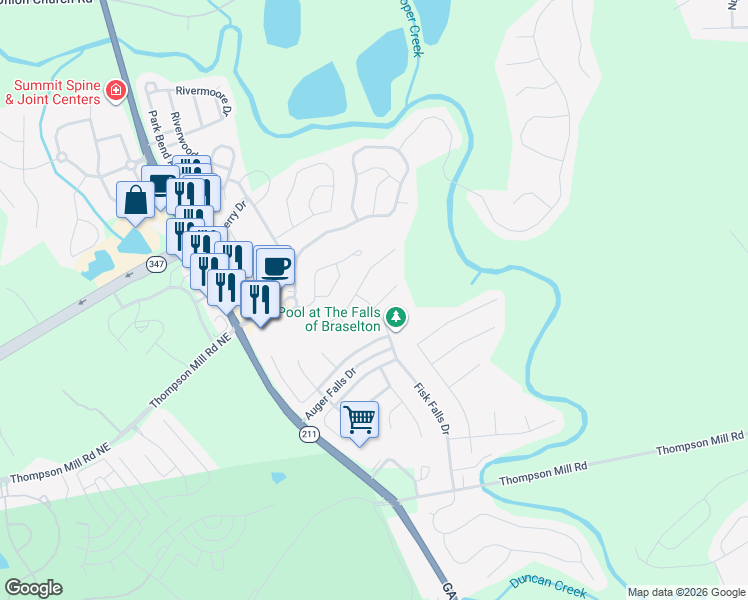 map of restaurants, bars, coffee shops, grocery stores, and more near 1702 Ammons Falls Court in Braselton