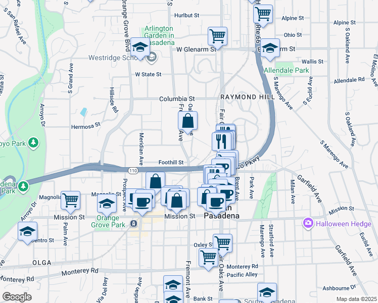 map of restaurants, bars, coffee shops, grocery stores, and more near 514 Fremont Avenue in South Pasadena