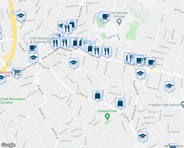 map of restaurants, bars, coffee shops, grocery stores, and more near 4654 Toland Way in Los Angeles