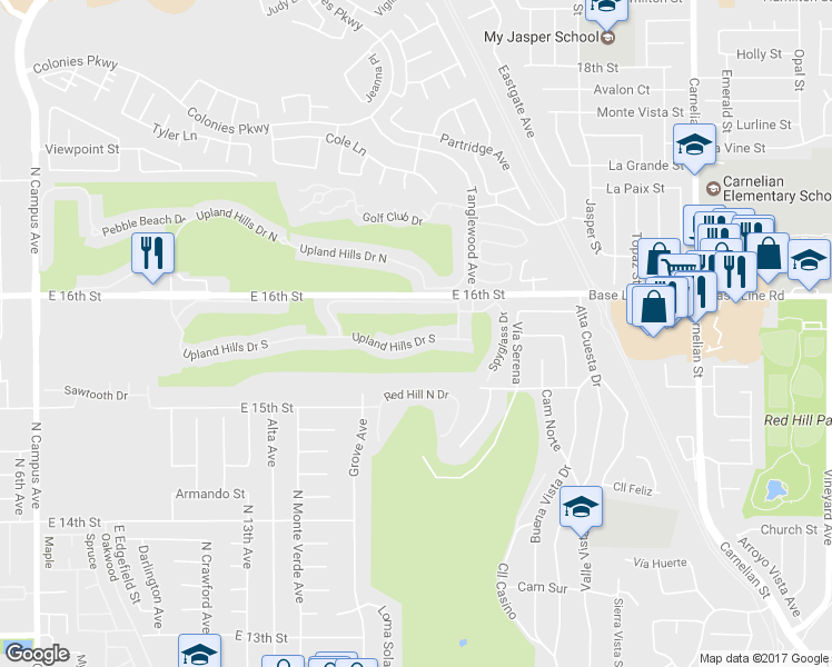 map of restaurants, bars, coffee shops, grocery stores, and more near 1483 Upland Hills Drive South in Upland