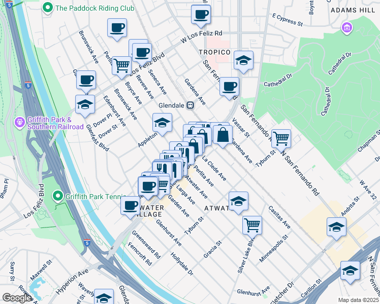 map of restaurants, bars, coffee shops, grocery stores, and more near 3624 Revere Avenue in Los Angeles