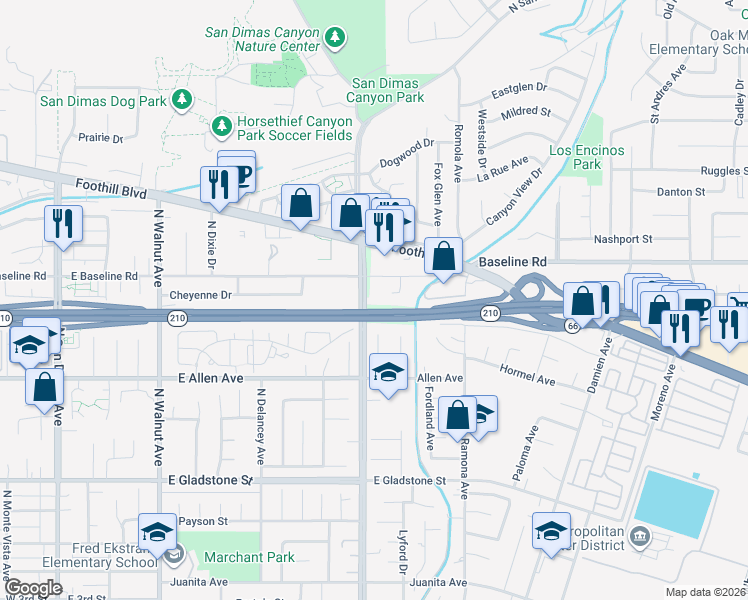 map of restaurants, bars, coffee shops, grocery stores, and more near 1040 N San Dimas Canyon Rd in San Dimas