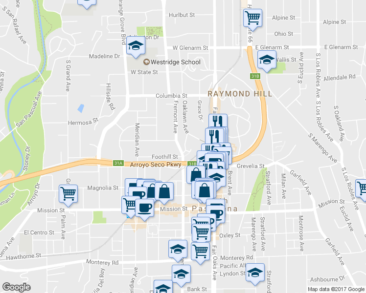 map of restaurants, bars, coffee shops, grocery stores, and more near 514 Fremont Avenue in South Pasadena
