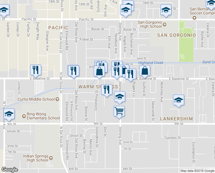 map of restaurants, bars, coffee shops, grocery stores, and more near 7355 Elm Street in San Bernardino