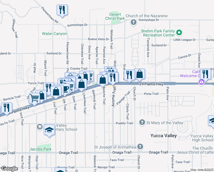 map of restaurants, bars, coffee shops, grocery stores, and more near 56089 29 Palms Highway in Yucca Valley