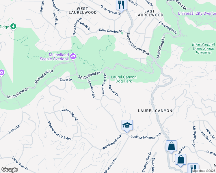 map of restaurants, bars, coffee shops, grocery stores, and more near 2737 Carmar Drive in Los Angeles