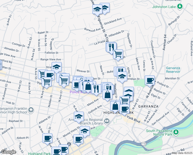 map of restaurants, bars, coffee shops, grocery stores, and more near 6021 Meridian Street in Los Angeles