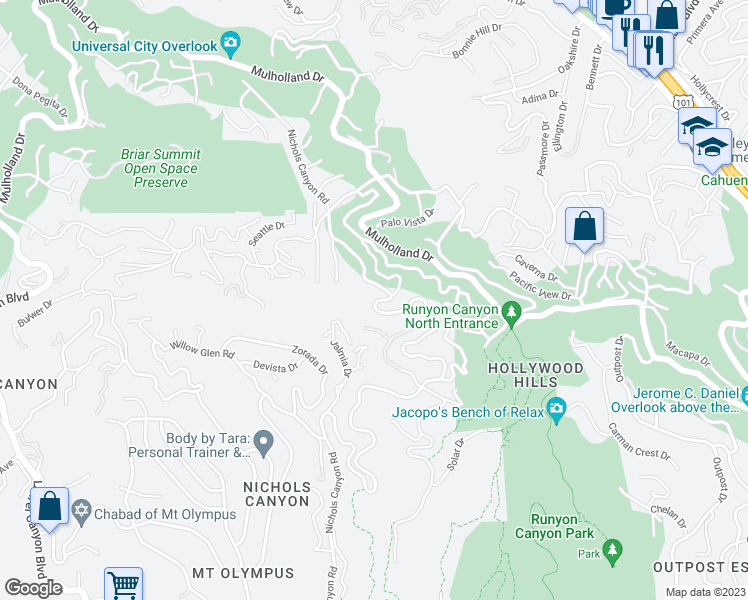map of restaurants, bars, coffee shops, grocery stores, and more near 2761 Nichols Canyon Road in Los Angeles