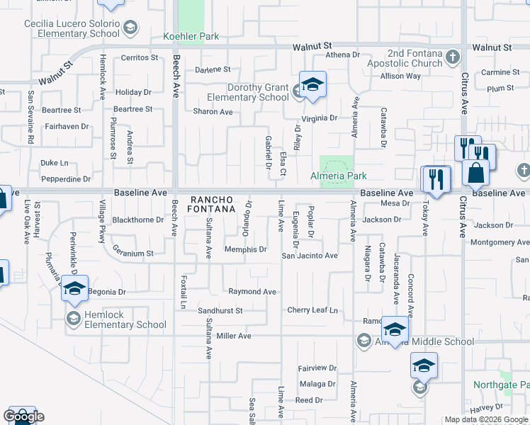 map of restaurants, bars, coffee shops, grocery stores, and more near 15474 Jackson Drive in Fontana