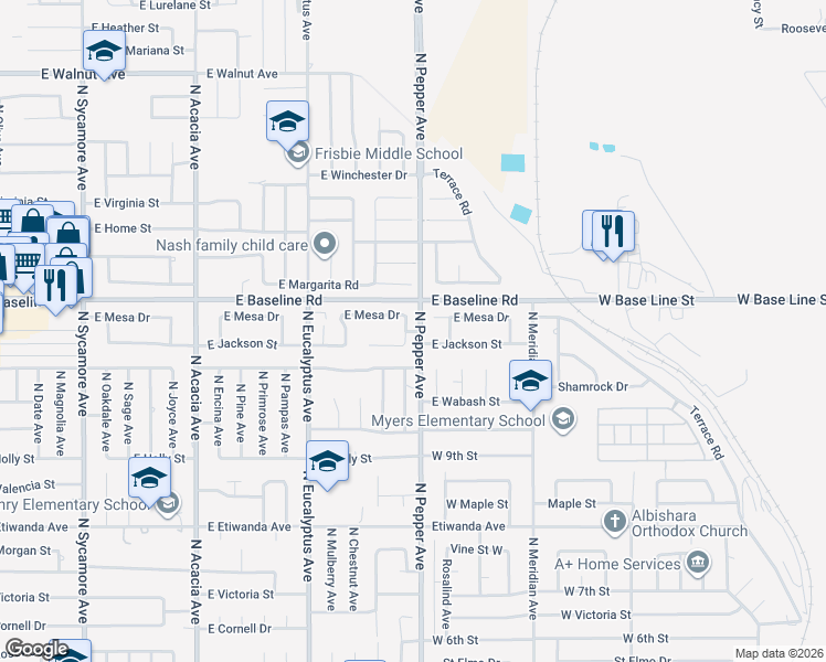 map of restaurants, bars, coffee shops, grocery stores, and more near 917 East Jackson Street in Rialto