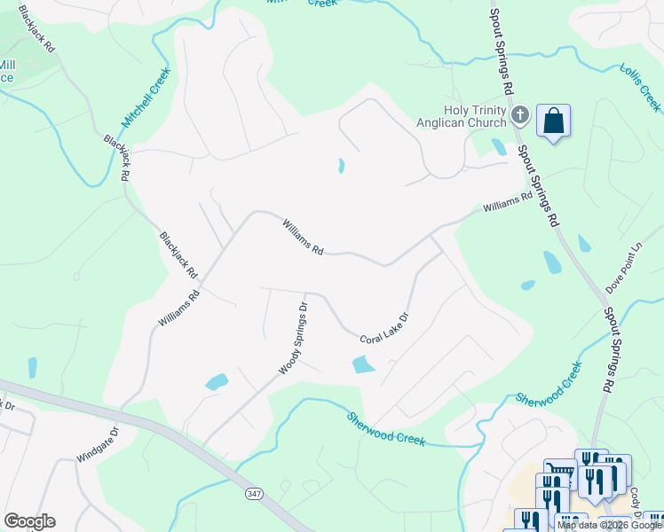 map of restaurants, bars, coffee shops, grocery stores, and more near 7251 Williams Road in Flowery Branch