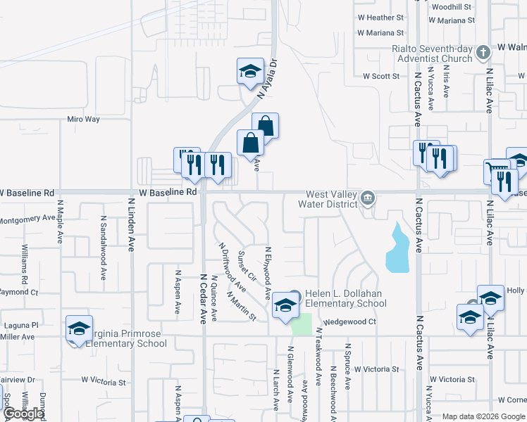 map of restaurants, bars, coffee shops, grocery stores, and more near 1182 North Elmwood Avenue in Rialto