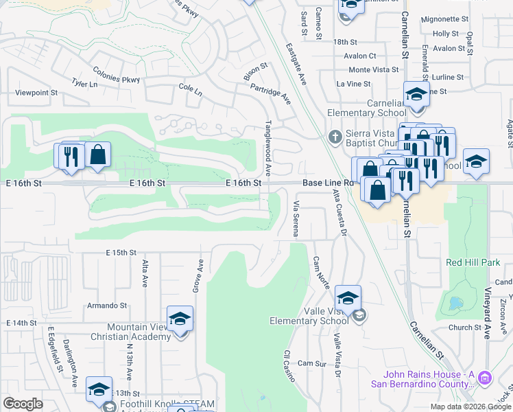 map of restaurants, bars, coffee shops, grocery stores, and more near 1539 Upland Hills Drive South in Upland