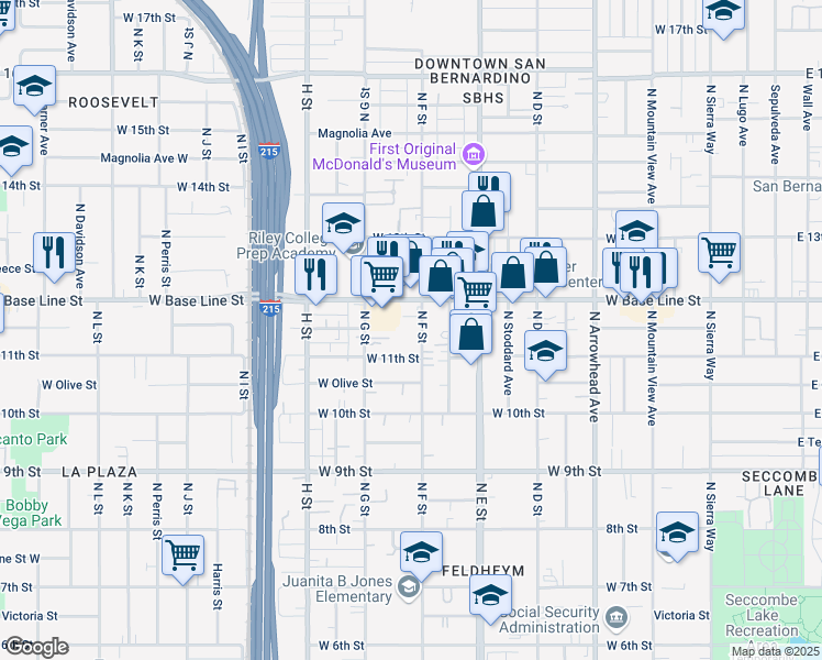 map of restaurants, bars, coffee shops, grocery stores, and more near 1156 North F Street in San Bernardino