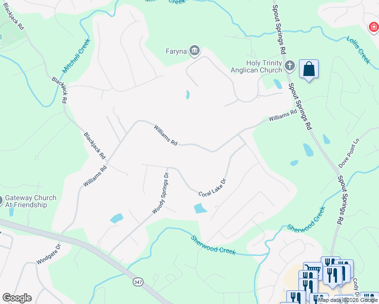 map of restaurants, bars, coffee shops, grocery stores, and more near 7251 Williams Road in Flowery Branch