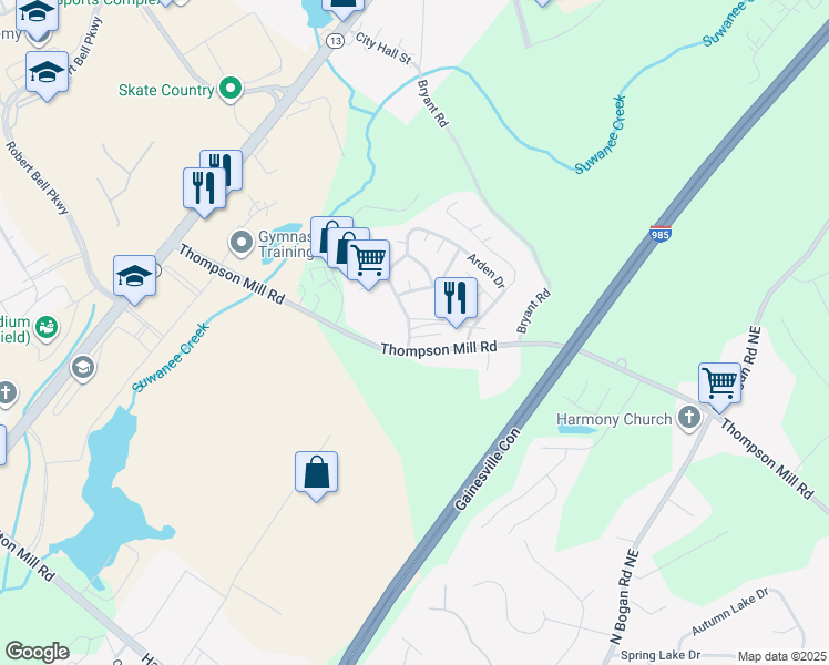 map of restaurants, bars, coffee shops, grocery stores, and more near 4825 Arden Drive in Buford