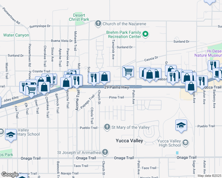 map of restaurants, bars, coffee shops, grocery stores, and more near 56351 Twentynine Palms Highway in Yucca Valley