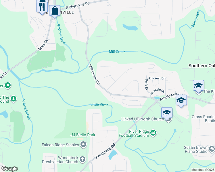 map of restaurants, bars, coffee shops, grocery stores, and more near 103 Caracas Drive in Woodstock
