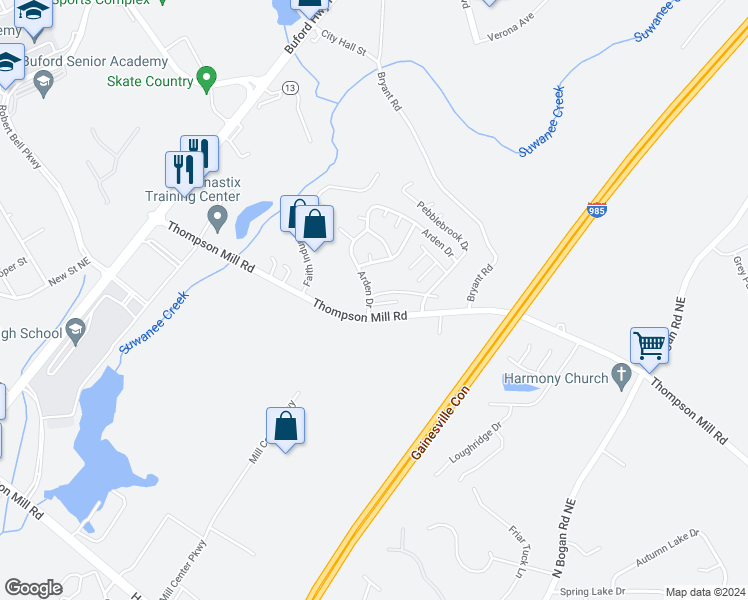 map of restaurants, bars, coffee shops, grocery stores, and more near 2800 Pebblebrook Court in Buford