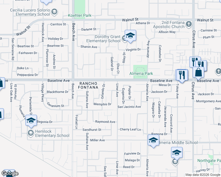map of restaurants, bars, coffee shops, grocery stores, and more near 15474 Jackson Drive in Fontana