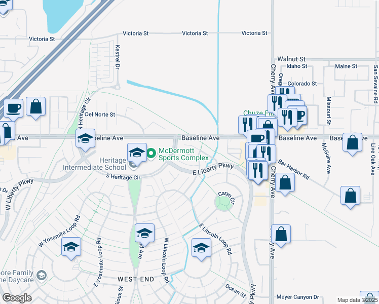map of restaurants, bars, coffee shops, grocery stores, and more near 14185 Rideout Court in Fontana
