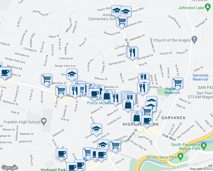 map of restaurants, bars, coffee shops, grocery stores, and more near 5921 Meridian Street in Los Angeles