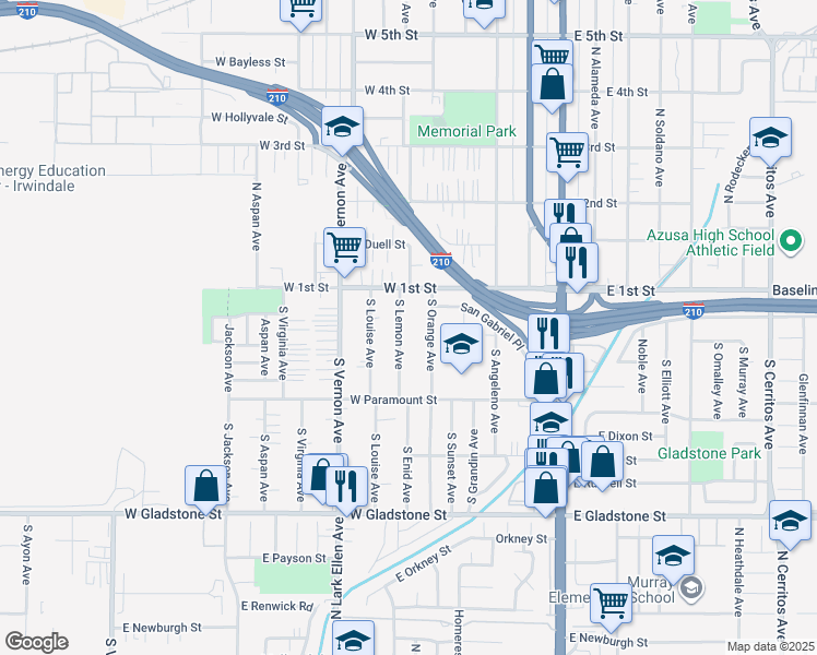 map of restaurants, bars, coffee shops, grocery stores, and more near 128 South Lemon Avenue in Azusa