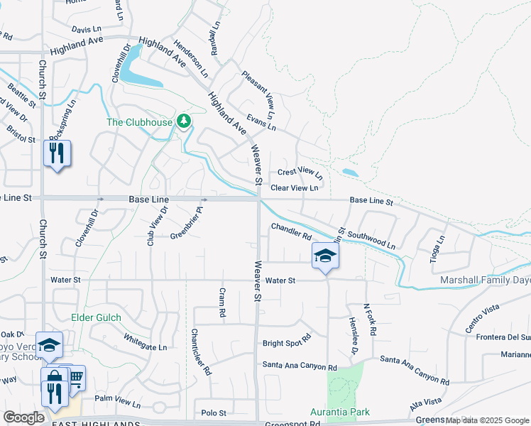 map of restaurants, bars, coffee shops, grocery stores, and more near 7325 Weaver Street in Highland