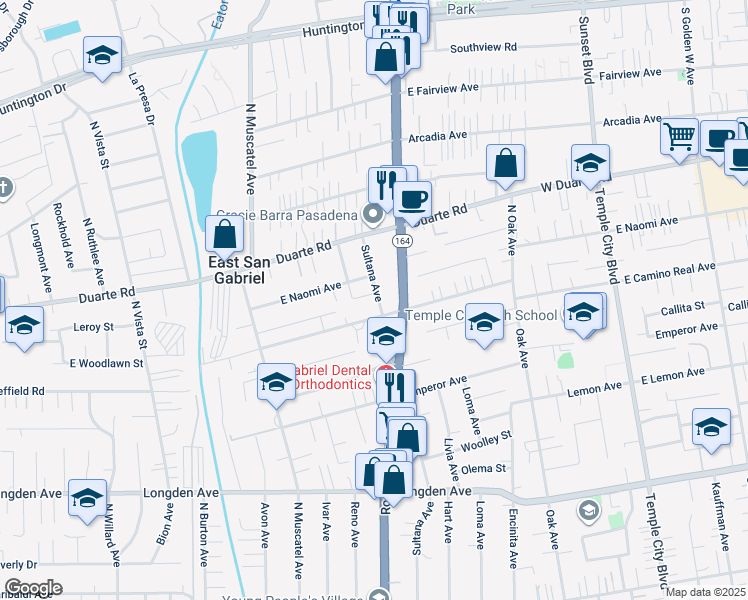 map of restaurants, bars, coffee shops, grocery stores, and more near 8926 East Youngdale Street in San Gabriel