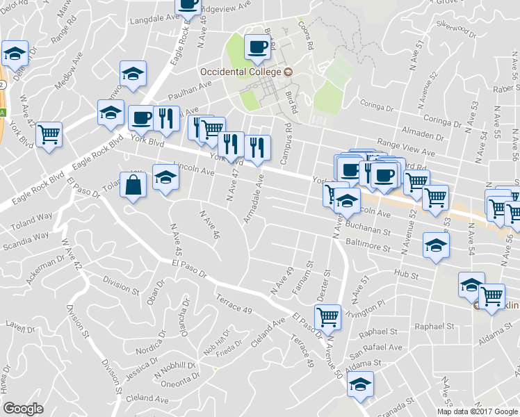 map of restaurants, bars, coffee shops, grocery stores, and more near 1336 Armadale Avenue in Los Angeles